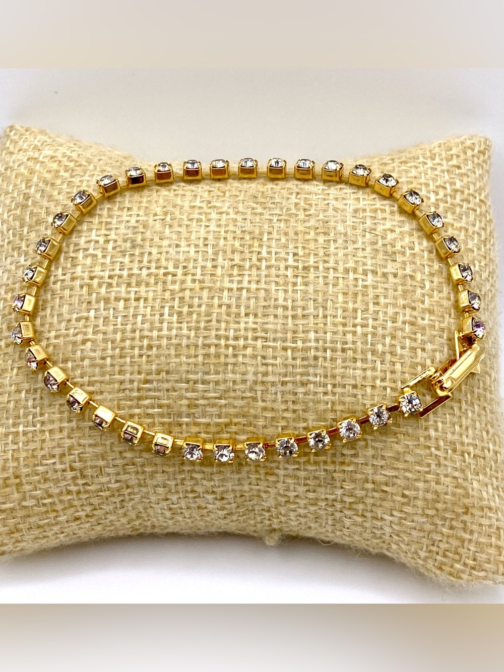 Vintage Gold Tone Rhinestone Tennis Bracelet Clear Crystal Link Foldover Clasp